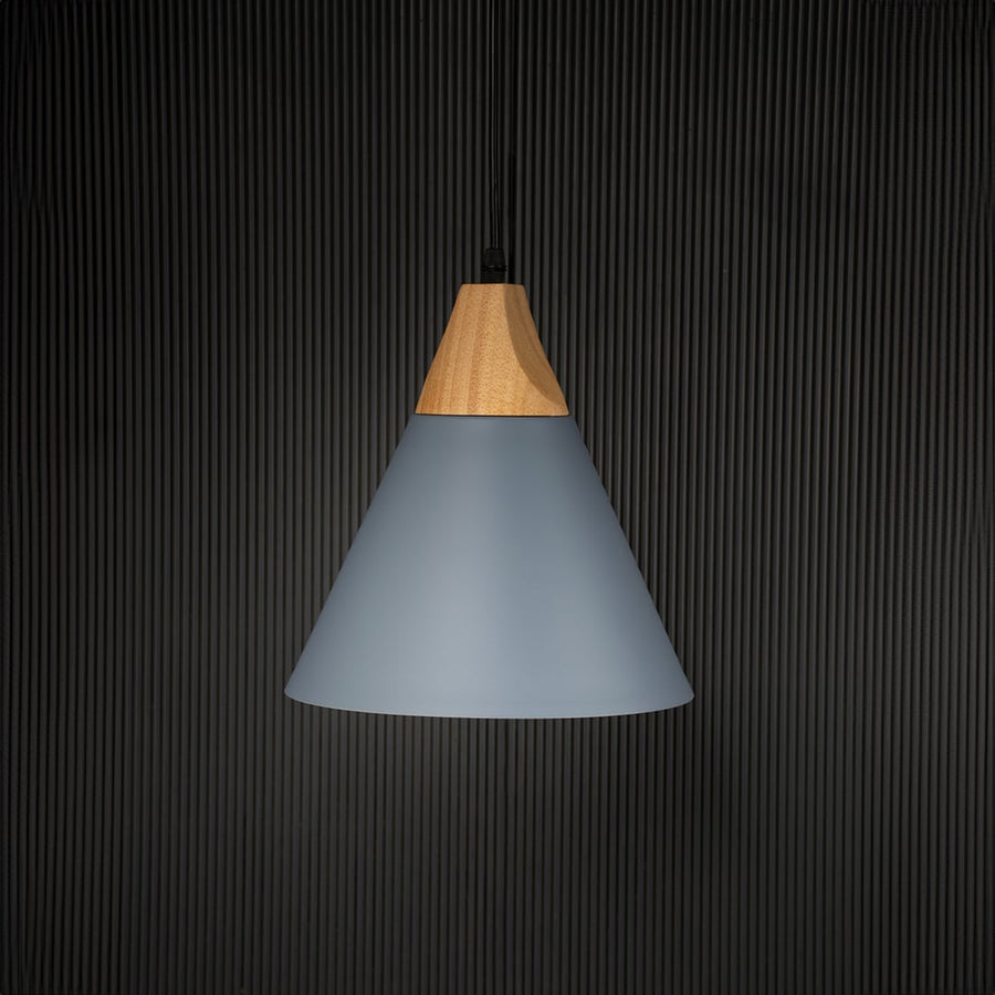 Grey pendant ceiling light with wooden accent switched off on back background for modern dining and kitchen lighting.