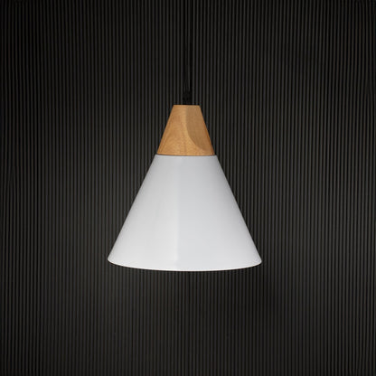 White pendant ceiling light with wood accent switched off on back background for modern dining and kitchen lighting.