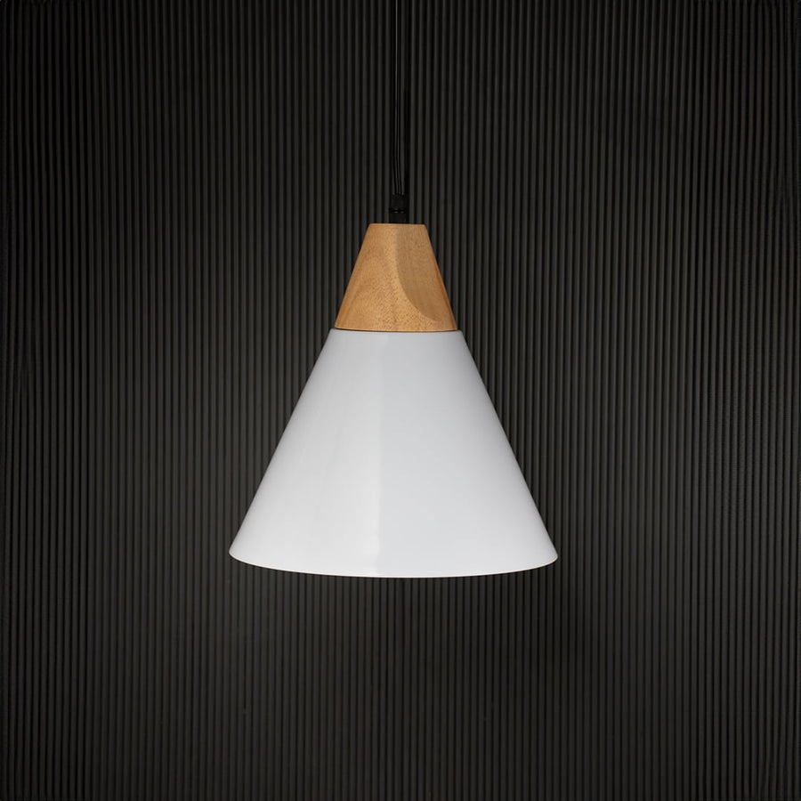White pendant ceiling light with wood accent switched off on back background for modern dining and kitchen lighting.