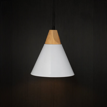 Modern white pendant light with wood accent illuminated on back background for elegant dining or cafe ceiling decor.