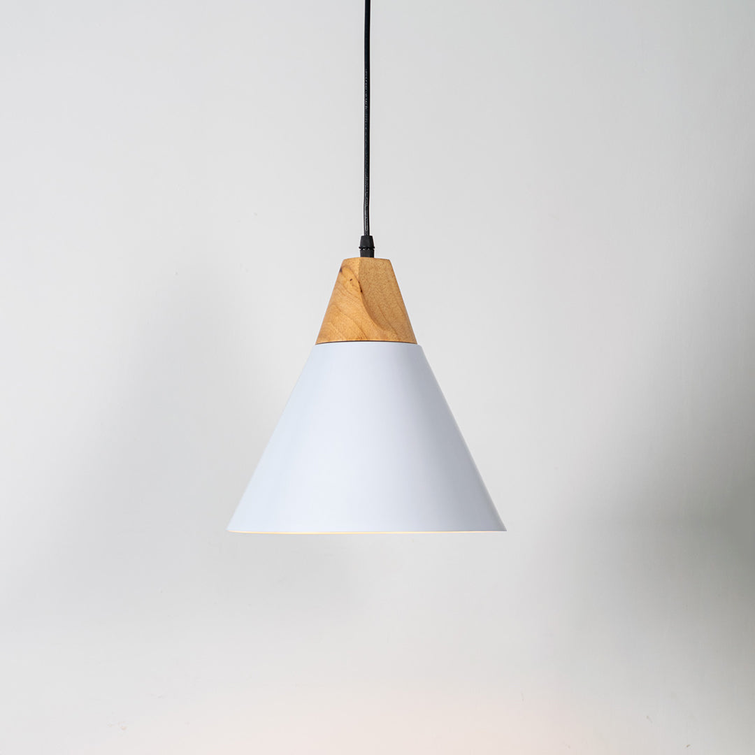 White metal pendant light with natural wood accents and minimalist cone design for contemporary ceiling lighting decor.