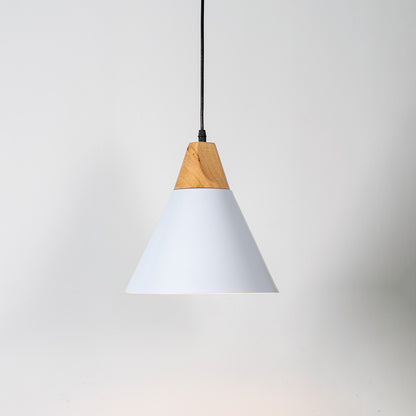 White metal pendant light with natural wood accents and minimalist cone design for contemporary ceiling lighting decor.