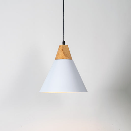 White metal pendant light with natural wood accents and minimalist cone design for contemporary ceiling lighting decor.