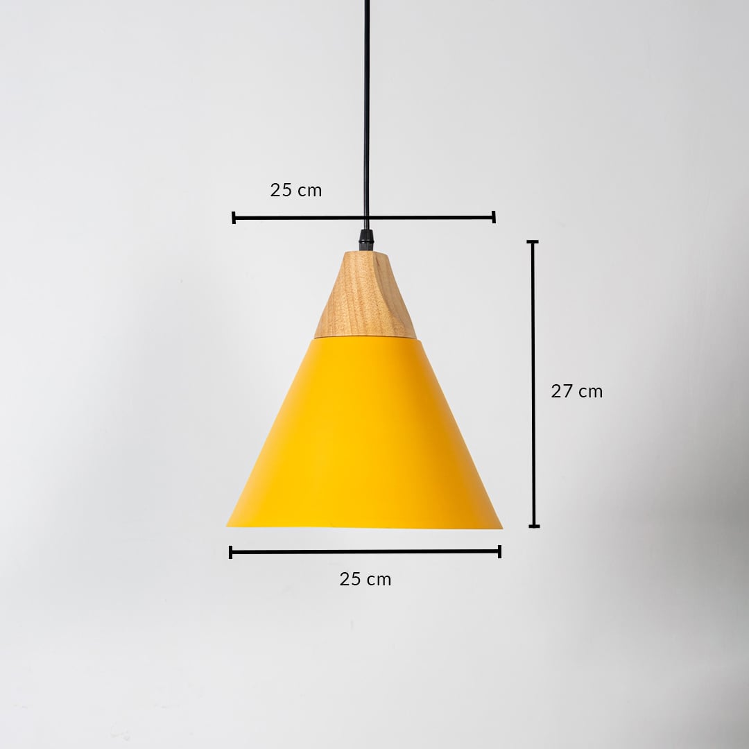 Yellow pendant light with wooden top shown with size 27cm height and 25cm width on white background for product details.
