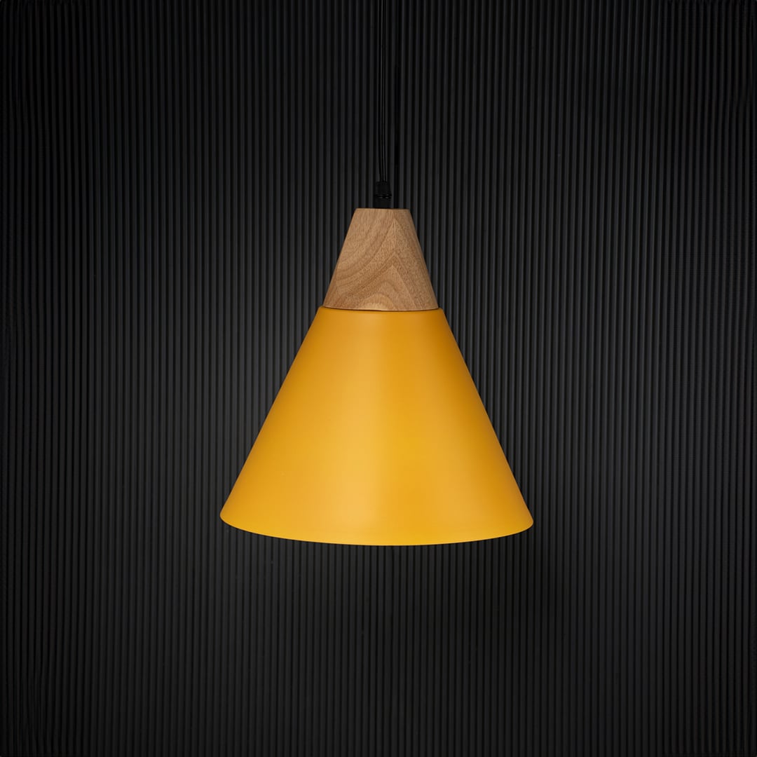 Yellow pendant ceiling light with wooden accent switched off on back background for modern cafe and dining room decor lighting.
