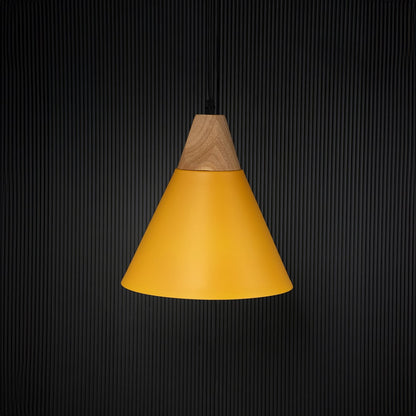 Yellow pendant ceiling light with wooden accent switched off on back background for modern cafe and dining room decor lighting.