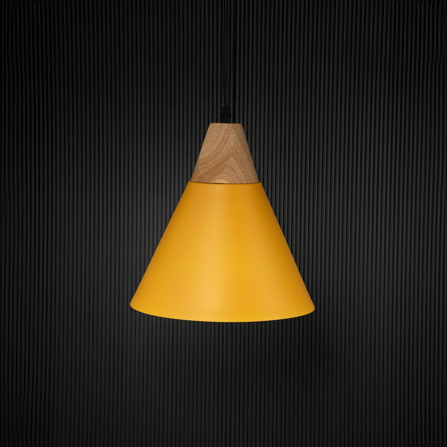 Yellow pendant ceiling light with wooden accent switched off on back background for modern cafe and dining room decor lighting.