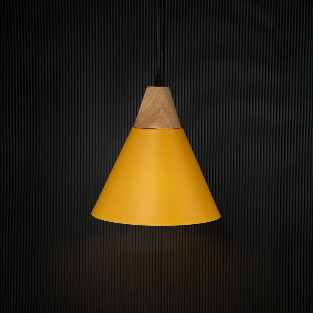 Yellow pendant ceiling light with wood detail illuminated on back background for cafe dining and home interior lighting.