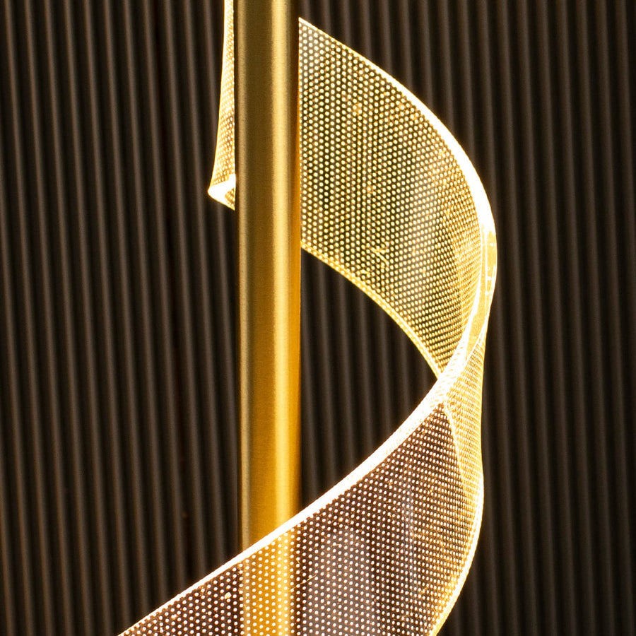 Gold spiral pendant light glowing softly on white background ideal for adding elegance to dining or living room.
