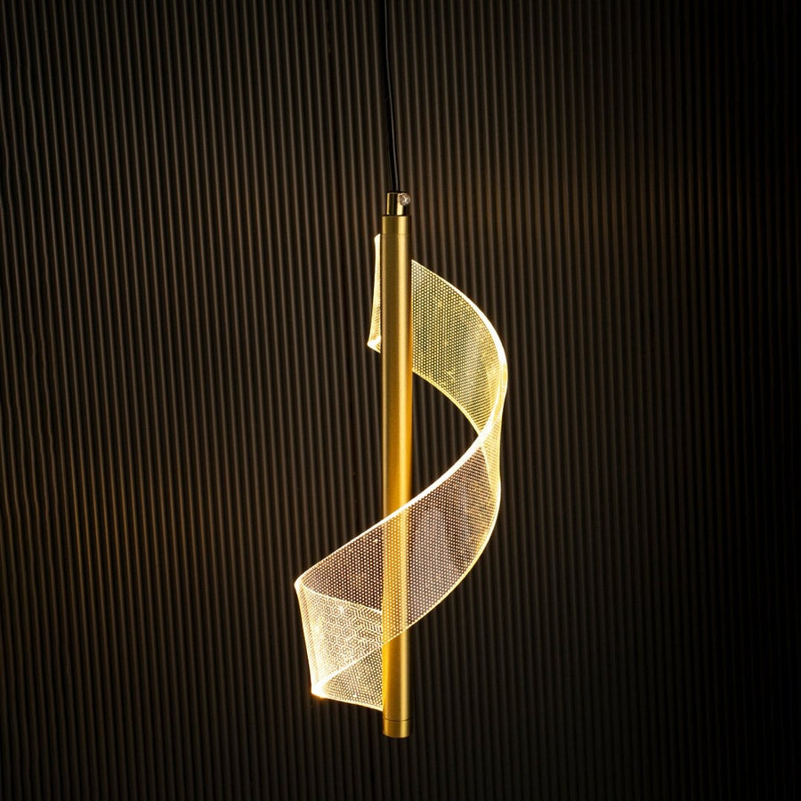 Golden spiral pendant light glowing warmly on black background enhancing modern elegance and luxurious ambience.