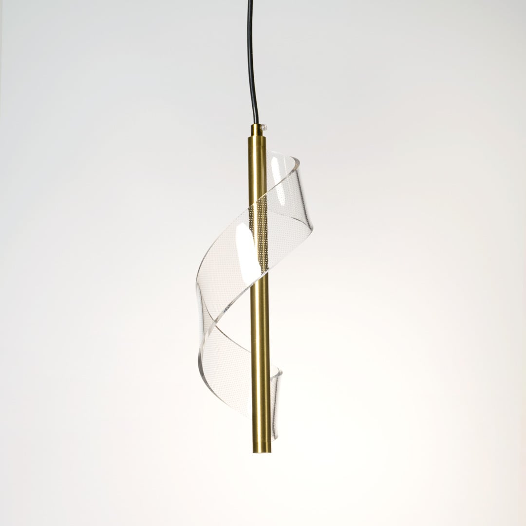 Closeup of gold spiral pendant lamp showing detailed metal texture and refined craftsmanship for luxury home lighting.