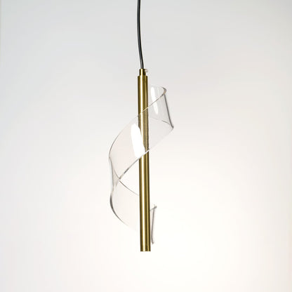 Closeup of gold spiral pendant lamp showing detailed metal texture and refined craftsmanship for luxury home lighting.