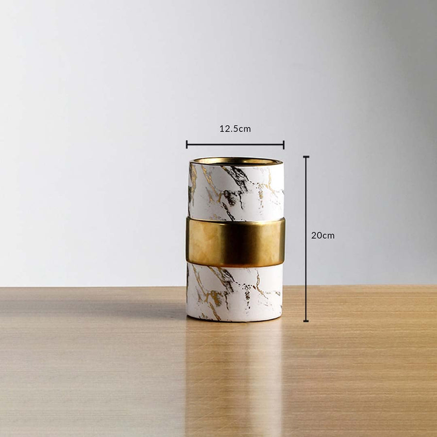 White marble finish metal candle holder measuring 20 cm height and 12.5 cm width suitable for table shelf and Decor use.