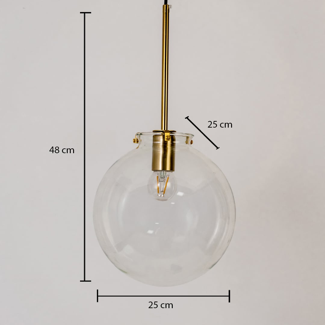 Glass globe pendant light measuring 48 cm in height and 25 cm in width featuring a transparent globe shade and brass stem.