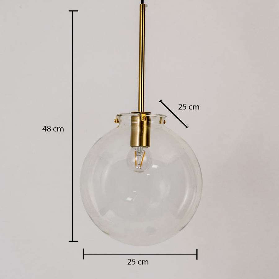 Glass globe pendant light measuring 48 cm in height and 25 cm in width featuring a transparent globe shade and brass stem.