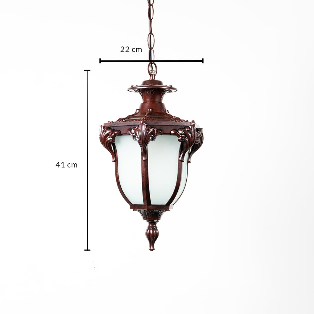 Brown hanging outdoor lantern with frosted glass measuring 41 cm height and 22 cm width ideal for entrance lighting.