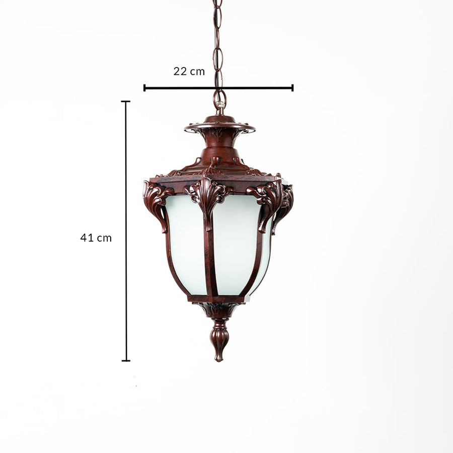 Brown hanging outdoor lantern with frosted glass measuring 41 cm height and 22 cm width ideal for entrance lighting.