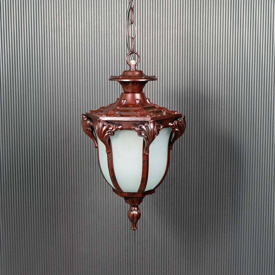 Brown vintage hanging lantern with frosted glass shown switched off on black background highlighting elegant design.