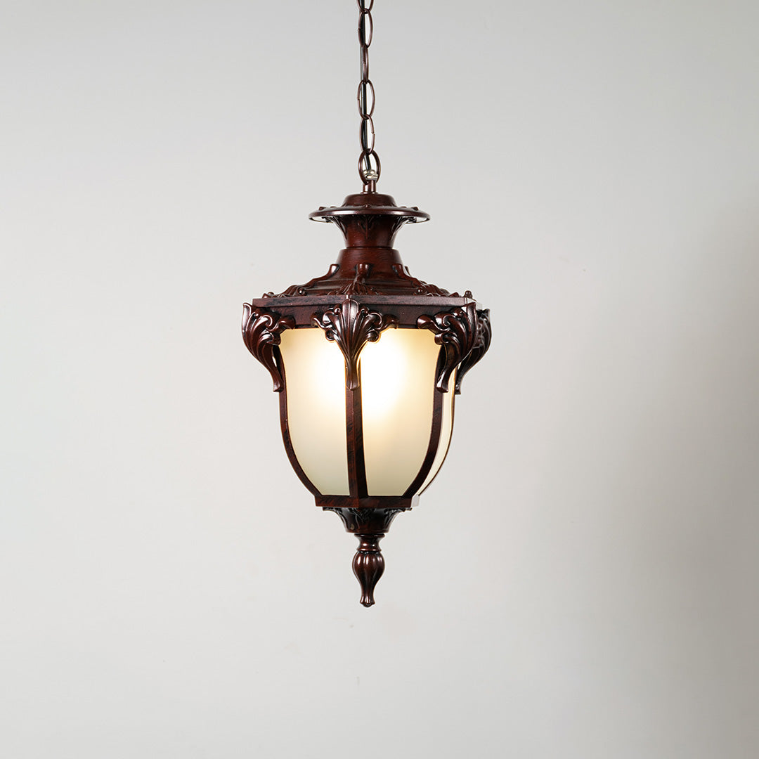 Antique brown hanging outdoor lantern with frosted glass panels for elegant exterior decor styling use.