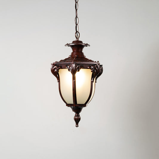 Antique brown hanging outdoor lantern with frosted glass panels for elegant exterior decor styling use.