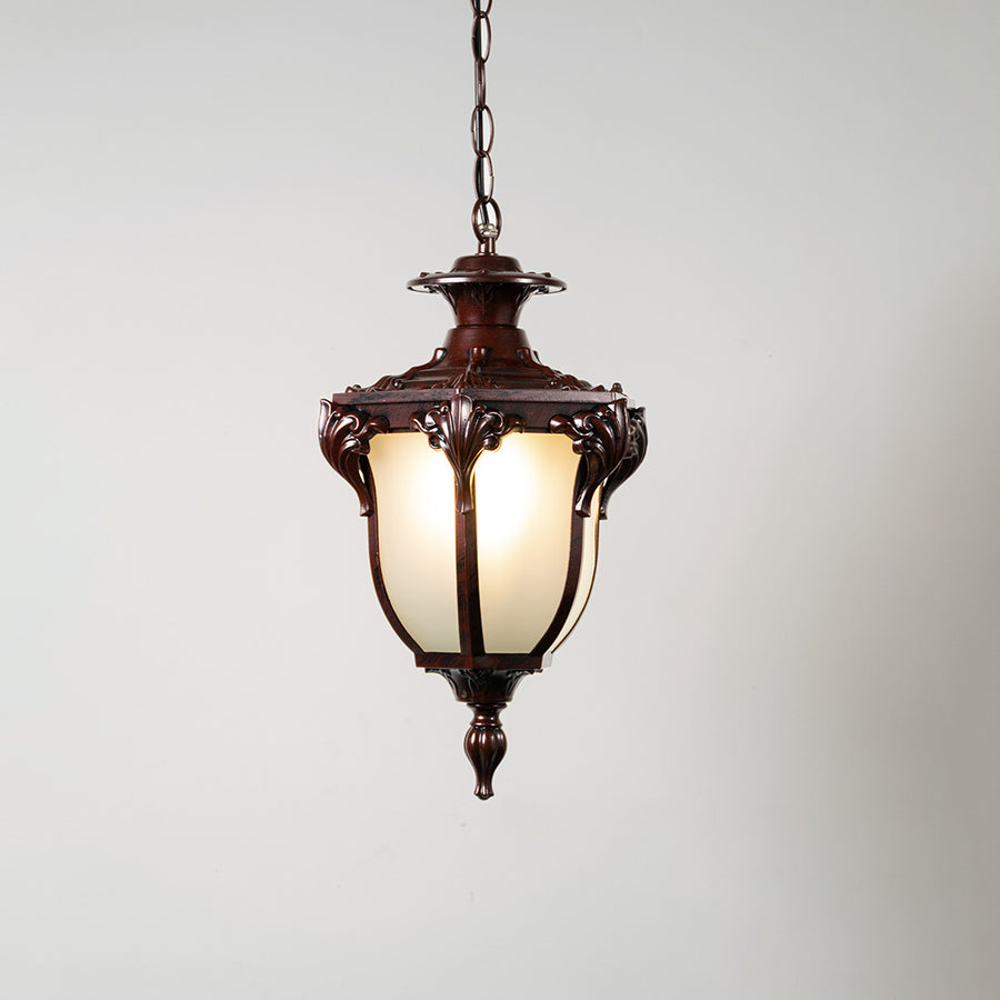Antique brown hanging outdoor lantern with frosted glass panels for elegant exterior decor styling use.