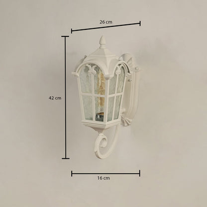 White outdoor wall lantern showing size clearly with height 42 cm width 26 cm and depth 16 cm ideal for porch patio balcony garden and entryway lighting.