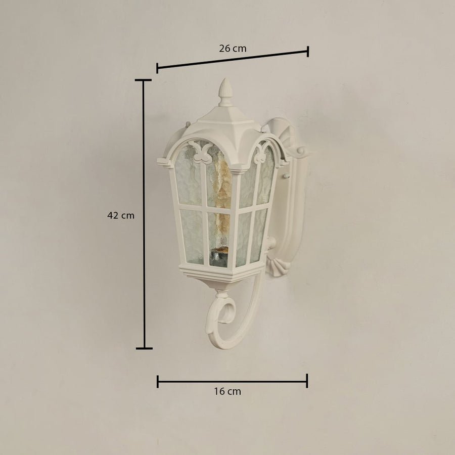 White outdoor wall lantern showing size clearly with height 42 cm width 26 cm and depth 16 cm ideal for porch patio balcony garden and entryway lighting.