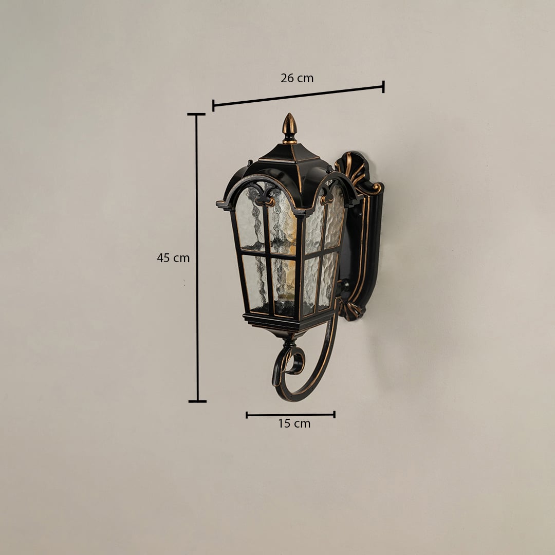 Black metal outdoor wall light dimension image with 43 cm height and textured glass shade for entry porch decor.
