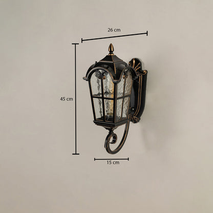 Black metal outdoor wall light dimension image with 43 cm height and textured glass shade for entry porch decor.