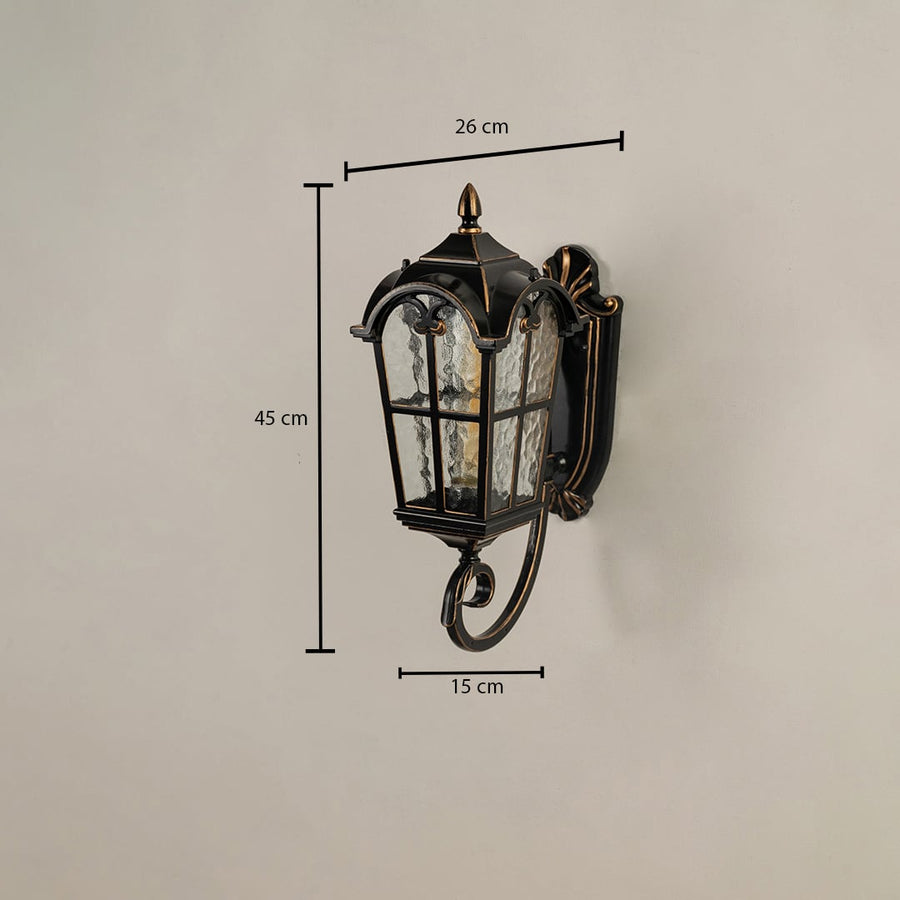 Black metal outdoor wall light dimension image with 43 cm height and textured glass shade for entry porch decor.