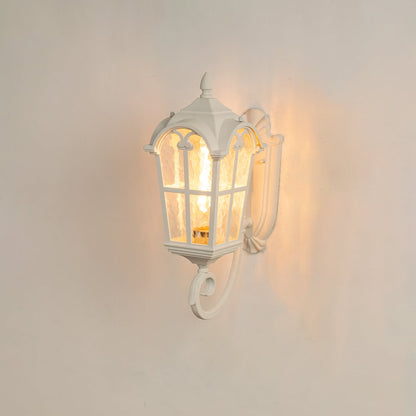 White metal outdoor wall lantern light on featuring textured glass and curved scroll arm ideal for porch patio balcony and home entrance exterior lighting Decor.