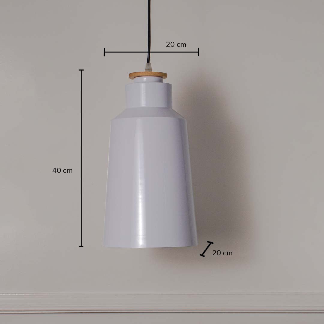 White conical pendant lamp with tall shade showing 40cm height 20cm width and wooden accent for bedroom and living.