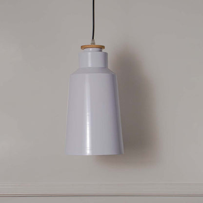 Elegant white conical pendant light with tall tapered metal shade and wooden accent off on white background decor.