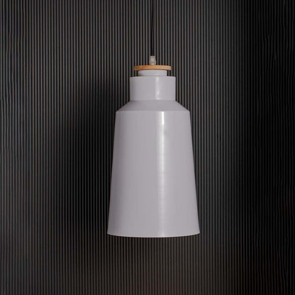 Modern white conical pendant lamp with tall metal shade and wooden accent displayed off on black background decor.