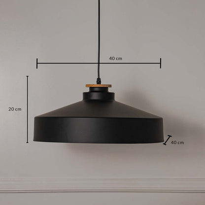 Black metal dome pendant light showing 45 cm width 18 cm height and 7 cm canopy size suitable for dining kitchen ceiling placement.