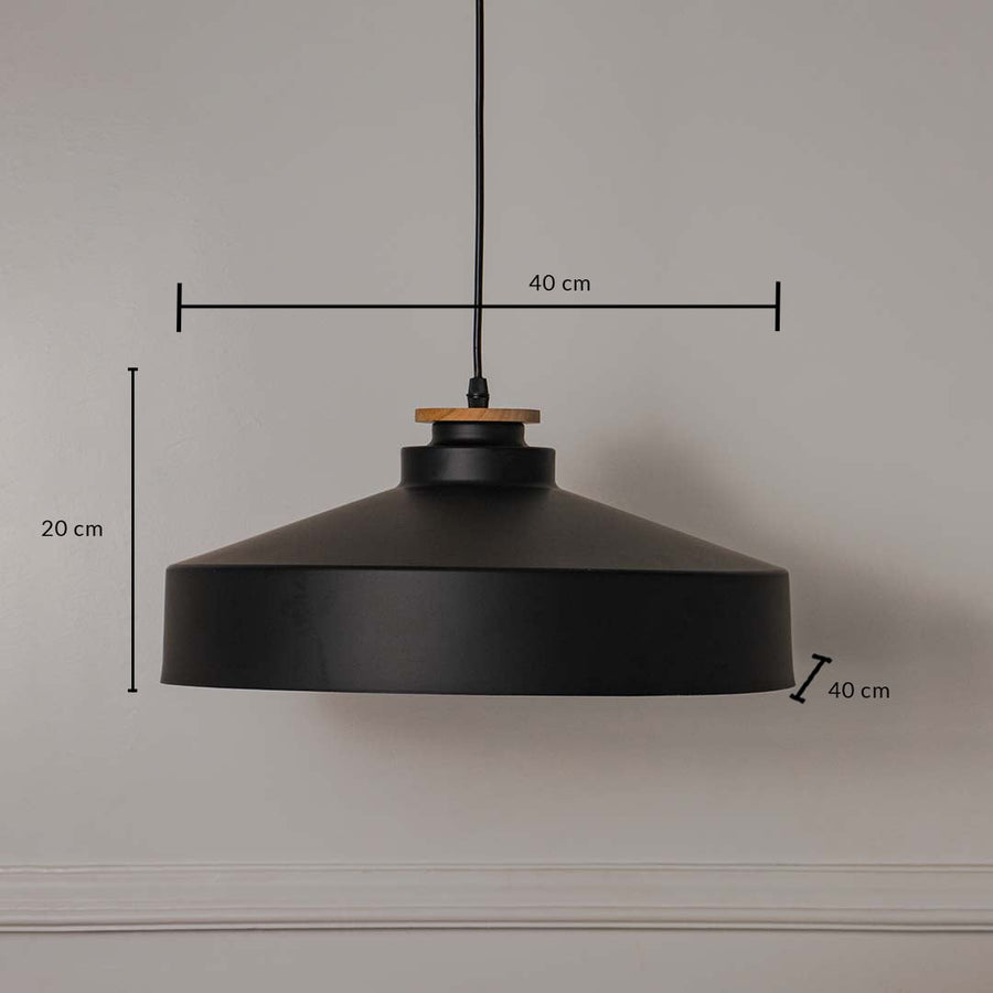 Black metal dome pendant light showing 45 cm width 18 cm height and 7 cm canopy size suitable for dining kitchen ceiling placement.