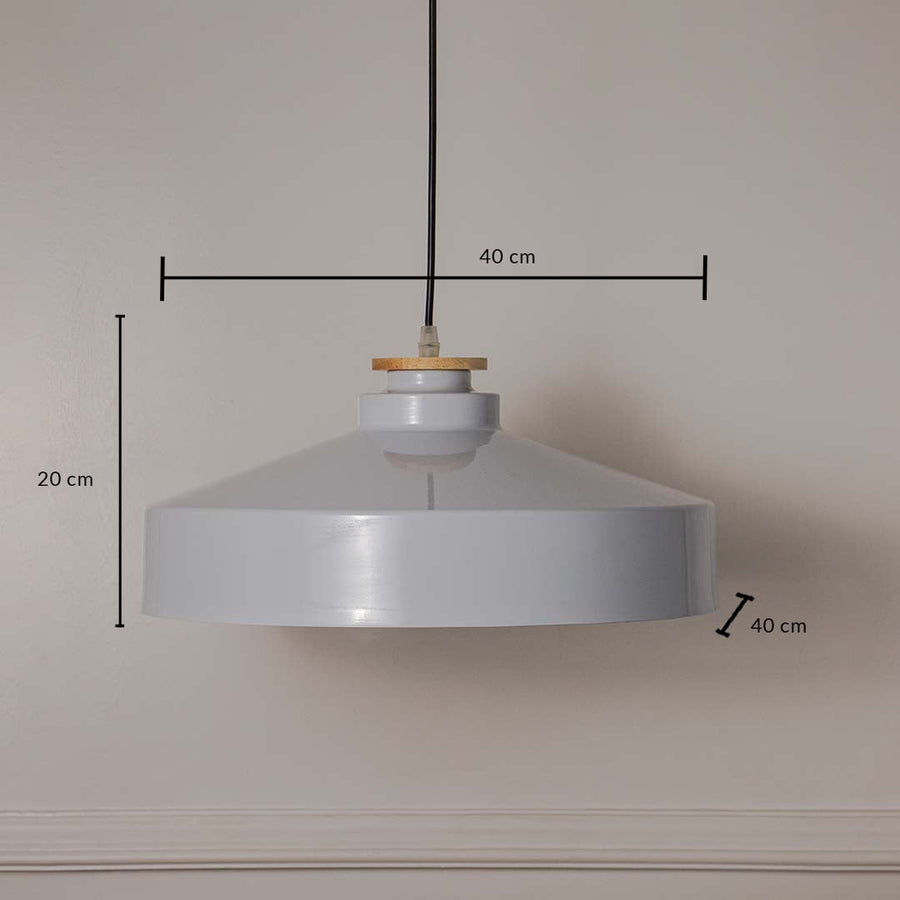 White dome pendant lamp with wide metal shade showing 20cm height and 40cm diameter with wooden accent for interiors.