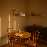 Black metal pendant light illuminating dining table with cozy warmth and sophisticated modern appeal.