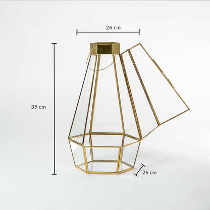 Gold metal and glass tapered lantern shown with dimensions 39 cm height and 26 cm width providing size clarity for home decor placement.