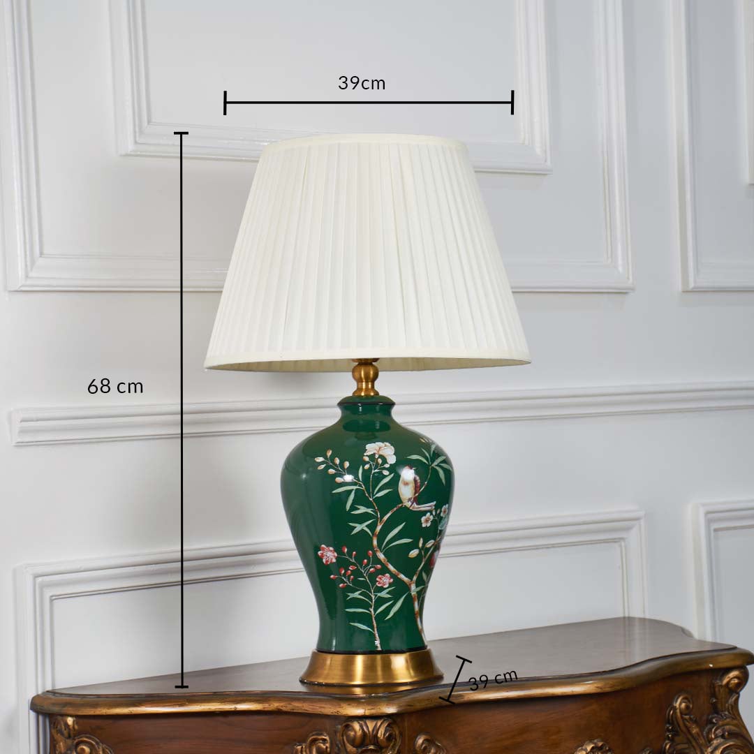 Green ceramic table lamp with white shade displayed on a white background with height 68 cm and width 39 cm providing clear size reference.
