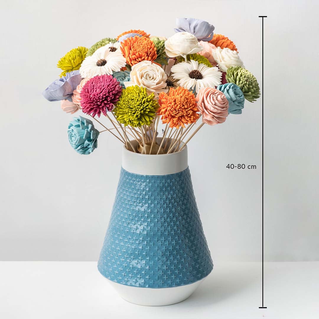 Blue textured ceramic vase with colorful artificial flowers shown with 40–80 cm height measurement for decorative display.
