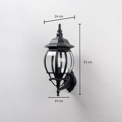 Black outdoor wall lantern 51cm height 19cm width upward facing dimension image showing vintage coach style exterior fixture.