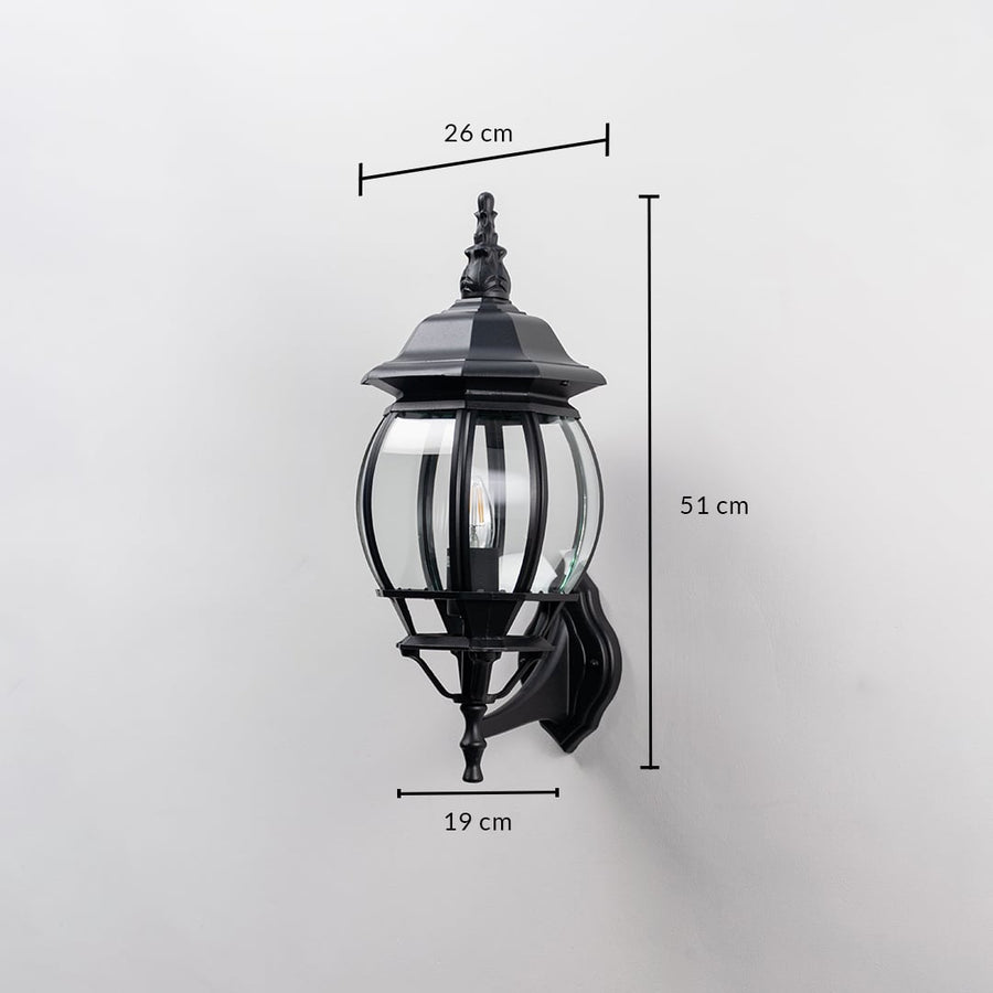 Black outdoor wall lantern 51cm height 19cm width upward facing dimension image showing vintage coach style exterior fixture.