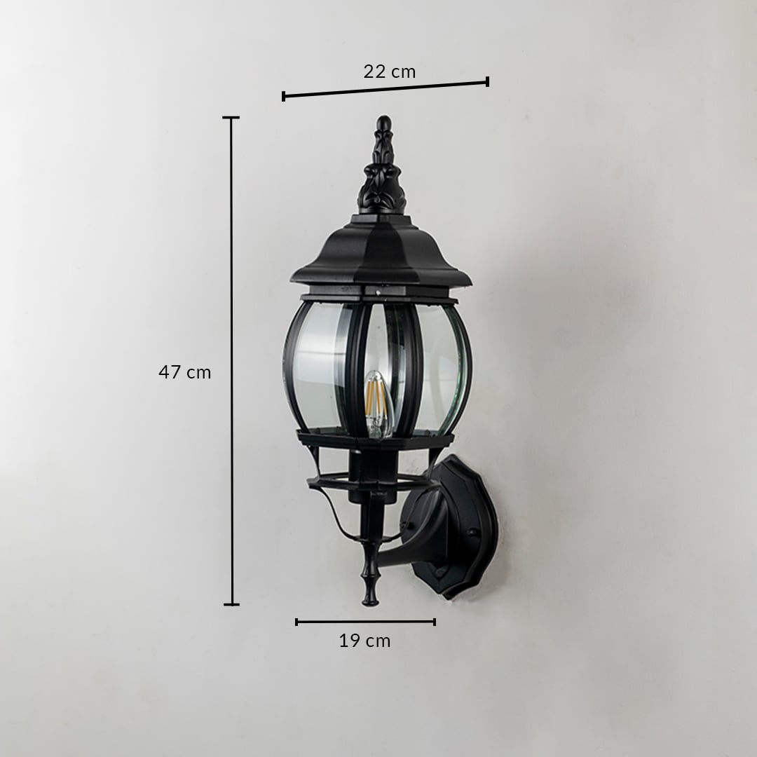 Black outdoor wall lantern 47cm height 19cm width with curved glass dimension image showing vintage coach style exterior light.