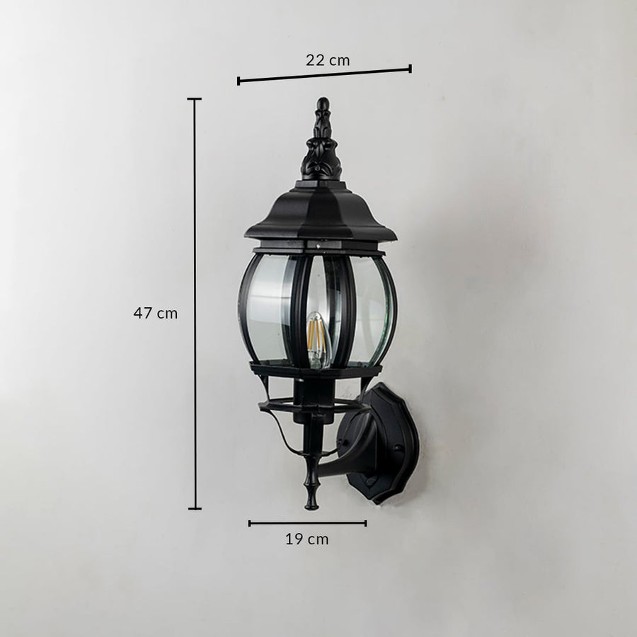 Black outdoor wall lantern 47cm height 19cm width with curved glass dimension image showing vintage coach style exterior light.
