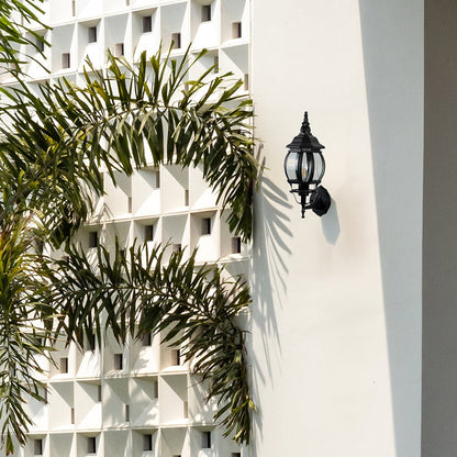 Black upward wall sconce with cage glass globe illuminating entrance creating elegant vintage outdoor porch lighting style.