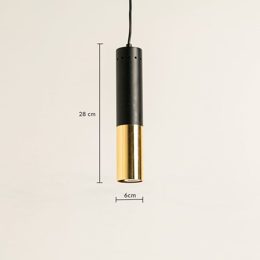 Slim black and gold metal pendant light showing 6 cm width and 28 cm height ideal for bedside counter and dining lighting.