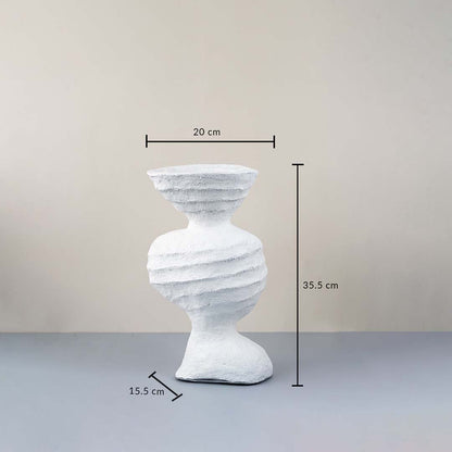 White ceramic sculptural vase with textured design measured for stylish modern table decor and home styling.