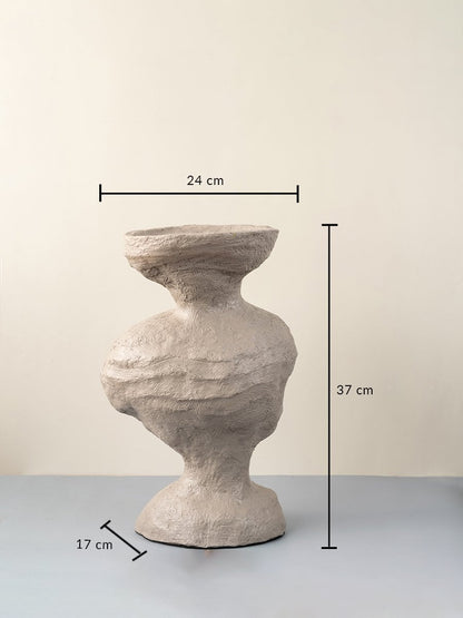 Beige ceramic vase with sculptural texture 37 cm height 24 cm width and 17 cm depth ideal for table decor.