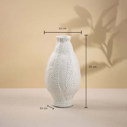 White ceramic vase on white background showing height 31 cm and width 16 cm ideal for console table and modern home styling.